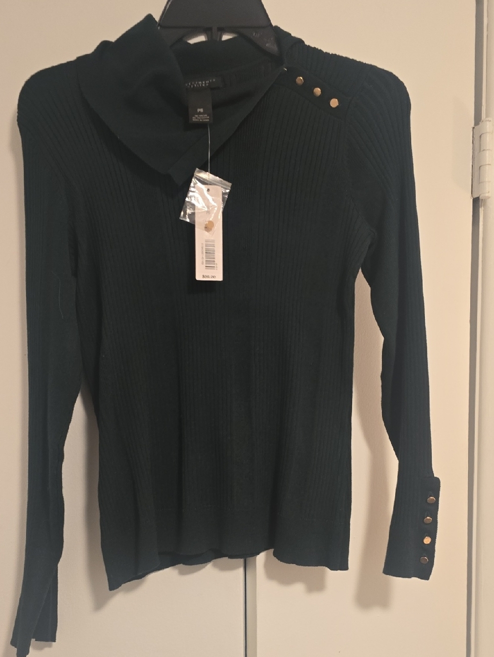 Investments Dark Green Ribbed Cowl Neck Sweater with Gold Buttons